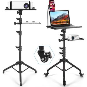 Tossbiss Laptop Tripod on Wheels with 2 Shelves, Portable Projector Floor Stand Adjustable Height 25.9 to 51.8 Inch with Phone Holder