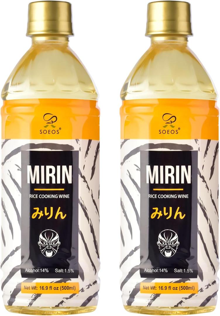 Soeos Mirin Cooking Wine, 16.9 fl oz (2 * 500ml) Pack of 2, Traditional Rice Wine, Authentic Natural Sugar Cooking Wine, Sweet Rice Wine for Cooking and Condiments, Premium Mirin Cooking Wine.