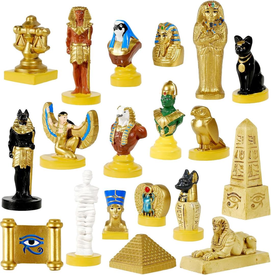 19 Pcs Egyptian Figurines Set Resin Ancient Egypt Decor Hand-Painted Small Ancient Egyptian Pyramid Mummy Pharaoh Anubis Statue Egyptian Gods for Table Home Decoration