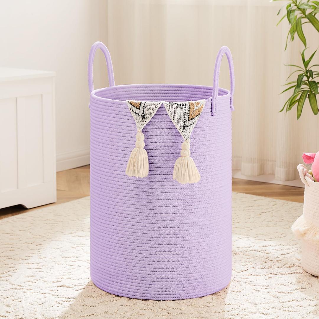 Laundry Basket, Woven Cotton Rope Laundry Hamper,40L for Decorative Storage of Dirty Clothes, Toys and Blankets in Bathroom, Baby Room and Living Room (Violet)