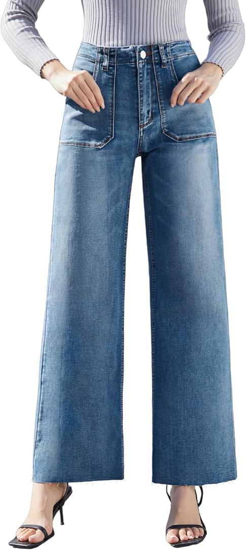 Womens Wide Leg Jeans High Waisted Stretchy Cut Off Loose Denim Pants