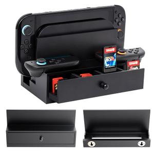 Lodaxu Wooden Wall Mount for Nintendo Switch 2/Switch/OLED and Dock, Drawer-Style 12 Game Card Holder Bracket, Multifunctional Stand for Switch 2 Accessories, Game Console Organizer Near TV