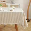 meioro Table Cloth Beige Striped Tablecloth Tassels Cotton Blend Dust-Proof Table Cover for Dining Coffee Buffet Kitchen Picnic Tables, Parties Tablecloths(55 x 120 Inch, Beige)