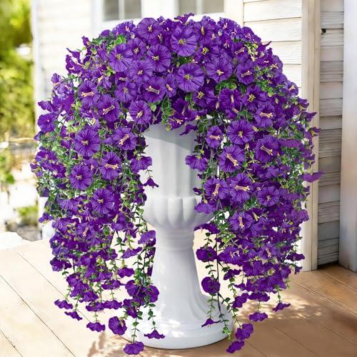 Julako Artificial Hanging Flowers for Outdoors, 2 PCS 300 Blooms UV Resistant Morning Glory Faux Silk Vines, No-Odor Realistic Fake Plants for Garden Planter Porch Patio Decoration, Purple