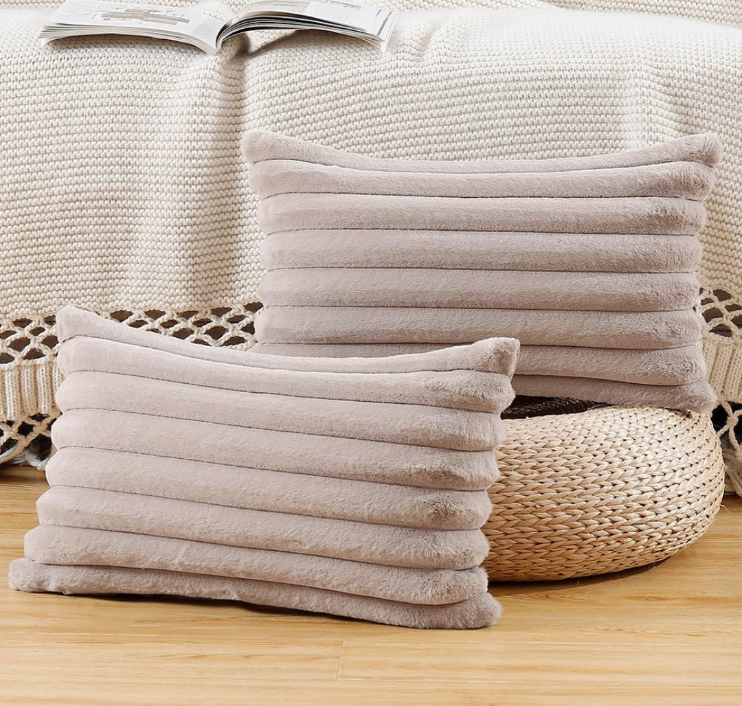 Set of 4 Faux Wool Plush Decorative Throw Pillow Covers 12x20 Inch Taupe Fluffy Striped Soft Decorative Cushion Cover for Sofa Bedroom Pillow Shell
