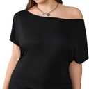 Women's Plus Size Off Shoulder Tops Short Sleeve Asymmetric Neck Ruched Casual T-Shirts (XL)