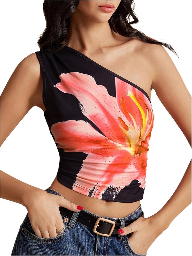 MakeMeChic Women's Floral Print One Shoulder Sleeveless Summer Tee Shirt Crop Tops (S)