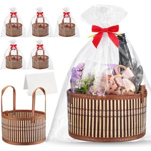 Weysat 6 Set Baskets for Gifts Empty Valentine's Day DIY Bulk Large Woven Bamboo Gift Basket Kit with Handle Wrap Bag Red Bow to Fill for Wedding Birthdays Party Wrapping (Brown)