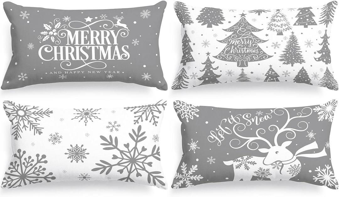 Lanpn White and Grey 14x24 Christmas Lumbar Pillow Covers Set of 4, Decorative Rectangle Long 14 x 24 Gray Winter Snowflake Throw Pillow Case Xmas Cushion Cover for Indoor House Sofa Grey