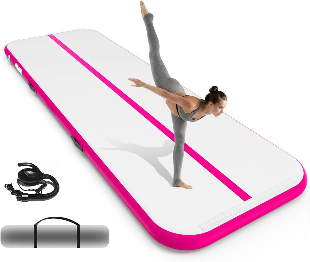 Inflatable Gymnastics Mat 10ft/ 13ft/ 16ft, 4 inches Thickness Gymnastic Mats with Electric Pump and Carry Bag for Kids Home Use Outdoor Training Yoga Cheerleading Gym Studio Backyard Park (Pink)