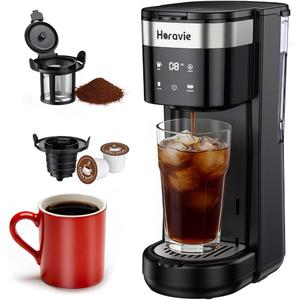 All-in-1 Single Serve Coffee Maker, Fit 7.8" Travel Mug, Hot & Iced K Cup Coffee Machine with 5 Brew Sizes, One Cup Coffee Maker with Descaling and Low Water Alert, 30oz Removable Reservoir, Black