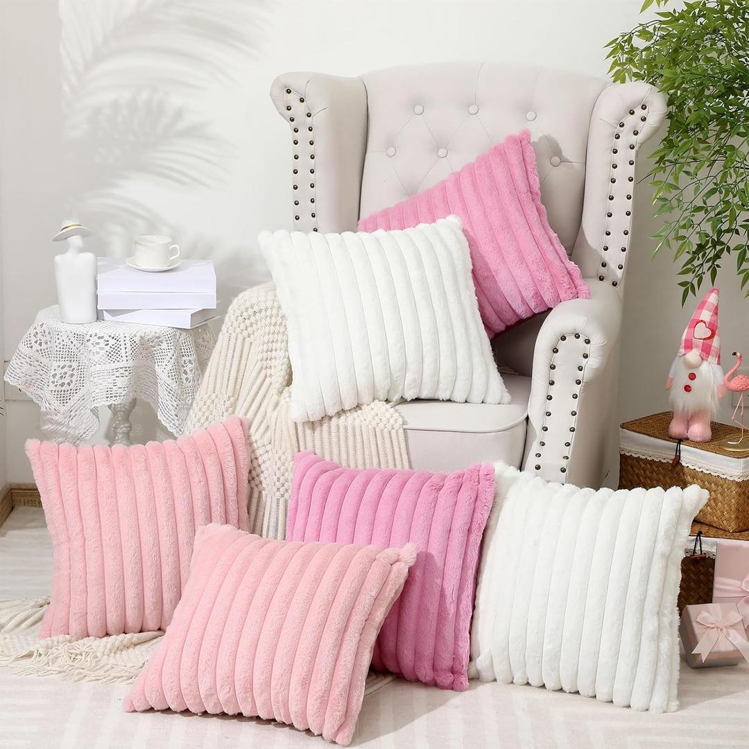 Mixweer 6 Pcs Faux Fur Plush Throw Pillow Covers 18x18 Inch Soft Decorative Striped Pillow Covers with Velvet Back for Coquette Party Sofa Home Wedding Classroom Decor, Pink, Light Pink, White
