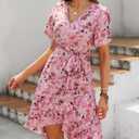 Womens Wrap V Neck Short Sleeve Dress 2025 Summer Floral Boho Dress Ruffle A Line Flowy High Low Midi Dresses (Pink, M)