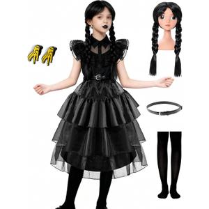 Funna Black Costume Girls Dress for Toddler Halloween Family Cosplay Party with Wig Belts Socks Earrings (10 Years)