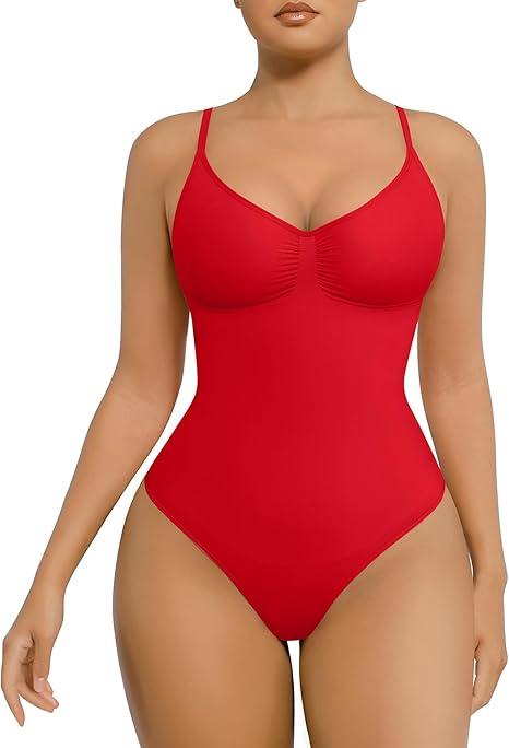 FeelinGirl Shapewear Bodysuit for Women Tummy Control Seamless Sculpting Snatched Waist Body Suit Body Shaper Thong (Medium-Large, Rust-Red)