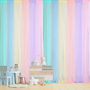 Tatuo Pastel Rainbow Backdrop Curtains Sheer Curtain Tulle Panels for Kid Unicorn Baby Birthday Party Window Classroom Decorations 6 Panels(708 Inch/59 ft in Total Width, Bright Color)