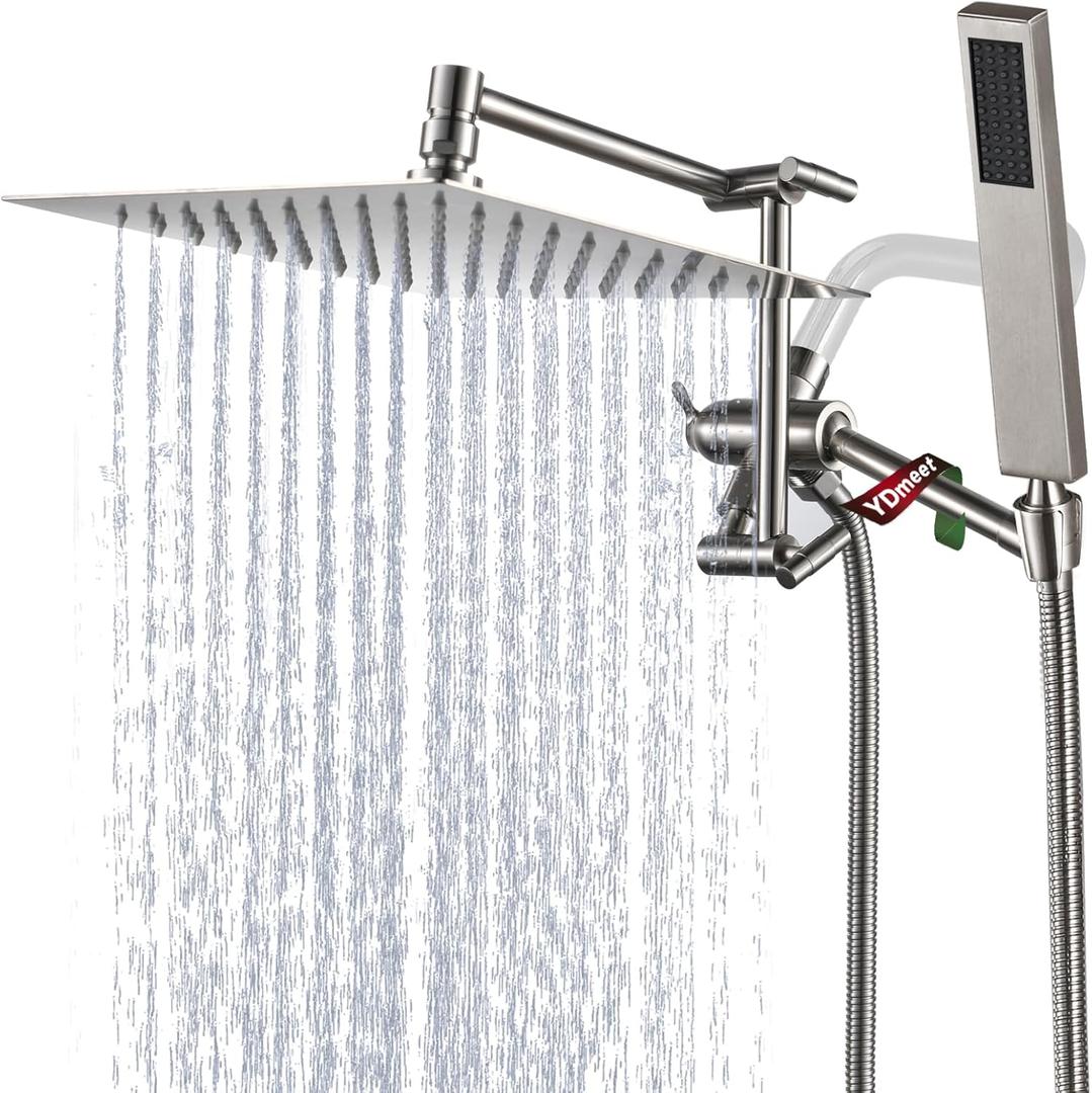 All Metal Rain Shower Head with Handheld Combo, YDmeet 10" Rainfall Shower Head, Stainless Steel Hand Wand, 3 Setting Diverter, Adjustable Extension Arm w/Lock Joints, Extra Long Hose, Brushed Nickel