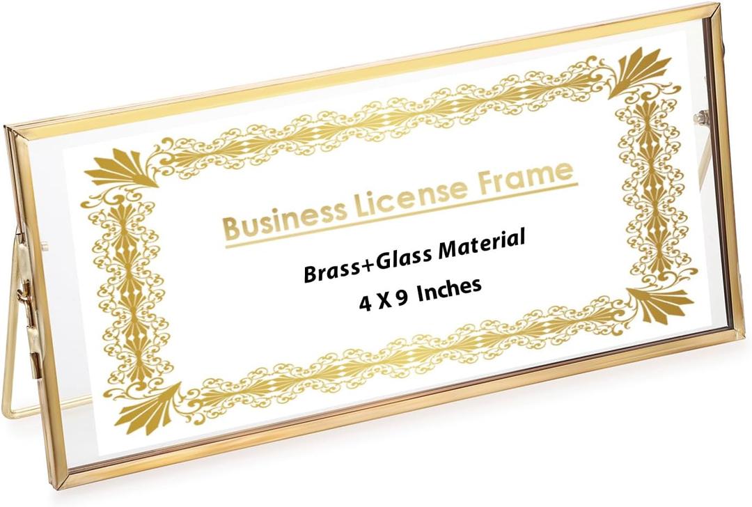 JUXYES Tabletop Business License Frame Brass License Certificate Display Frame, Double Glass Floating Diploma Frames, Desktop Golden Graduation Frames for 4x9 and 3.5x8.5 Certificate Business