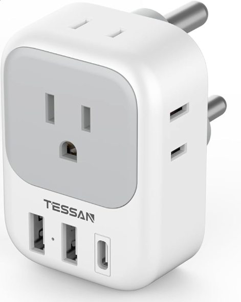 South Africa Plug Adapter 1 Pack, TESSAN Type M Power Adapter with 4 AC Outlets 3 USB Ports(1 USB C), Travel Adaptor US to Botswana Namibia Nepal Bhutan