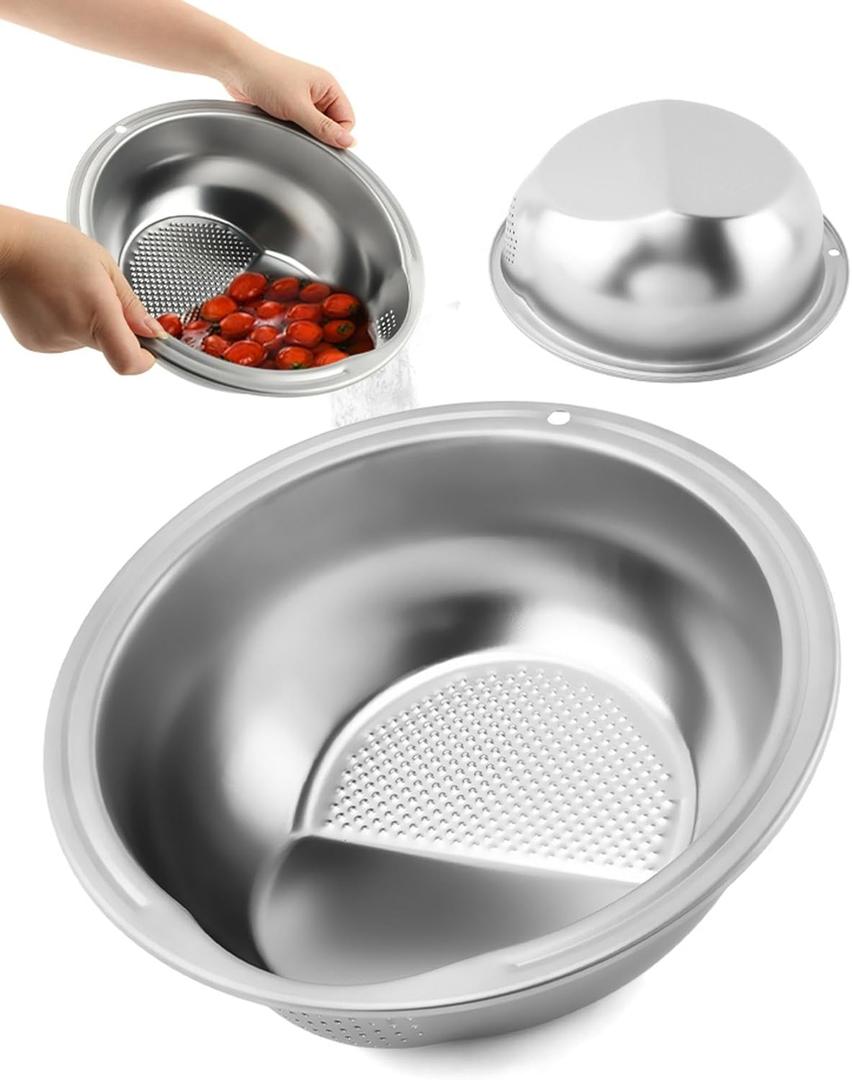 Rice Washer Strainer Bowl, Fine Mesh Rice Rinser Multi Purpose Ric-e Drainer Strainer Colander Bowl Kitchen Tool for Cleaning Fruits, Vegetables, Bean (COLOR:silver)