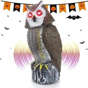 Solar Bird Repellent, Owl Decoy Bird Deterrent Devices Outdoor with Flashing Eyes & Realistic Sound & Rotating Head, Intelligent Animal Repeller for Home, Garden, Patio, RV, Halloween