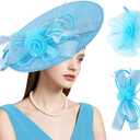 Dressfan Wide Brim Fascinator Derby Hats for Women,20s Detachable Flower Hat with Headband for Derby Church Wedding Tea Party (Blue, M)