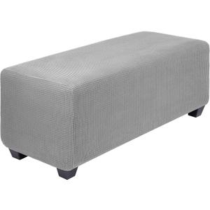 PiccoCasa High Stretch Ottoman Cover with Elastic Bottom, Soft Slipcover Jacquard Fabric Small Checks Rectangle Storage Stool Cover Furniture Covers Large Light Gray