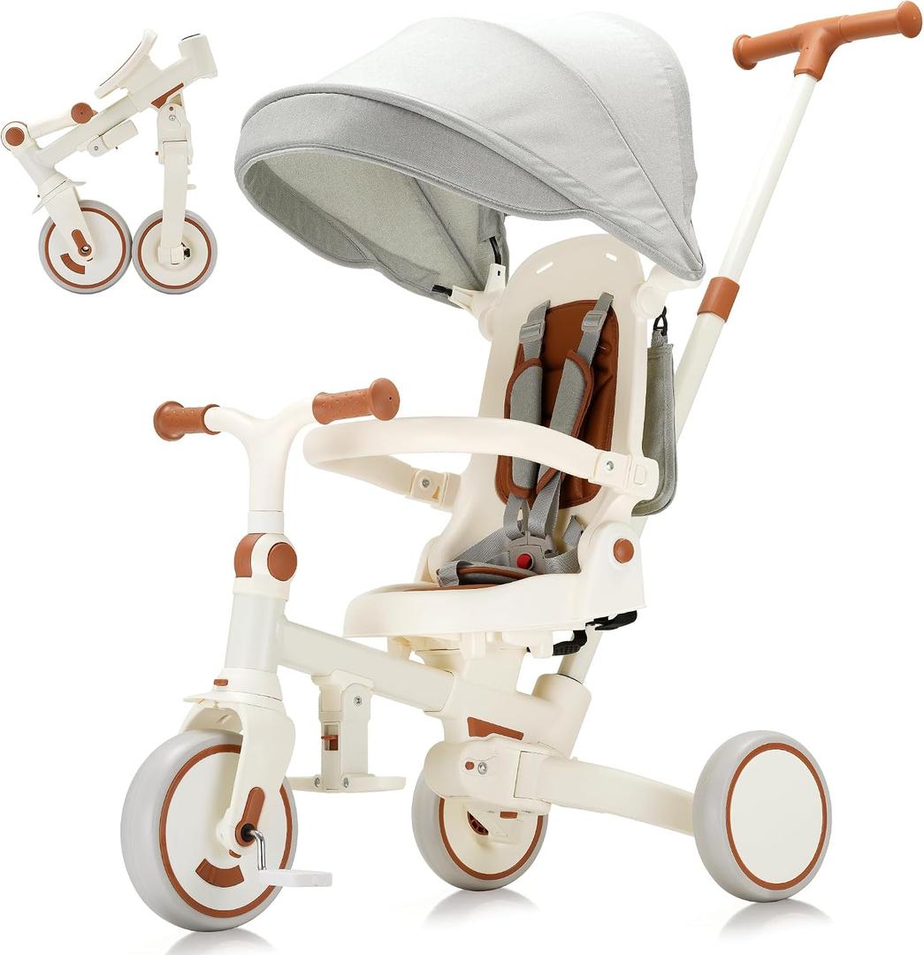 AOPEC 7-in-1 Toddler Tricycle with Parent Push Handle & Canopy, Fully Foldable & Adjustable Stroller, Balance and Pedal Bike for Kids 18 Months to 5 Years,Beige