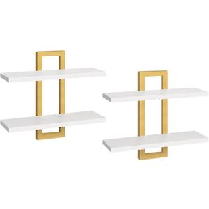 HOOBRO Floating Shelves, 15 Inch Wall Shelf Set of 2, Wall Mounted Storage Shelves 2-Tier, Hanging Bathroom Shelves, for Living Room, Bedroom, Bathroom, Kitchen, White and Gold DW32BJ01