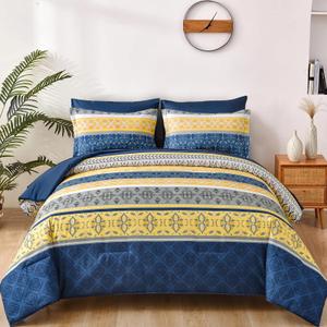 Boho Comforter Set King, 7 Pieces Navy Blue and Yellow Bohemian Bedding