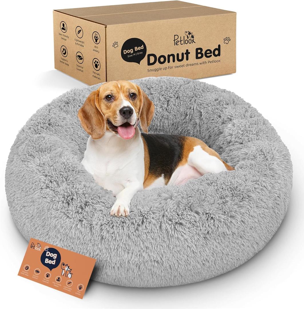 Donut Dog Bed - Premium Comfort for Anxiety Relief - Fluffy & Calming Design with Ultra-Plush Support | Cozy Round Dog Bed with Super Soft Circle Style (Grey, Medium)