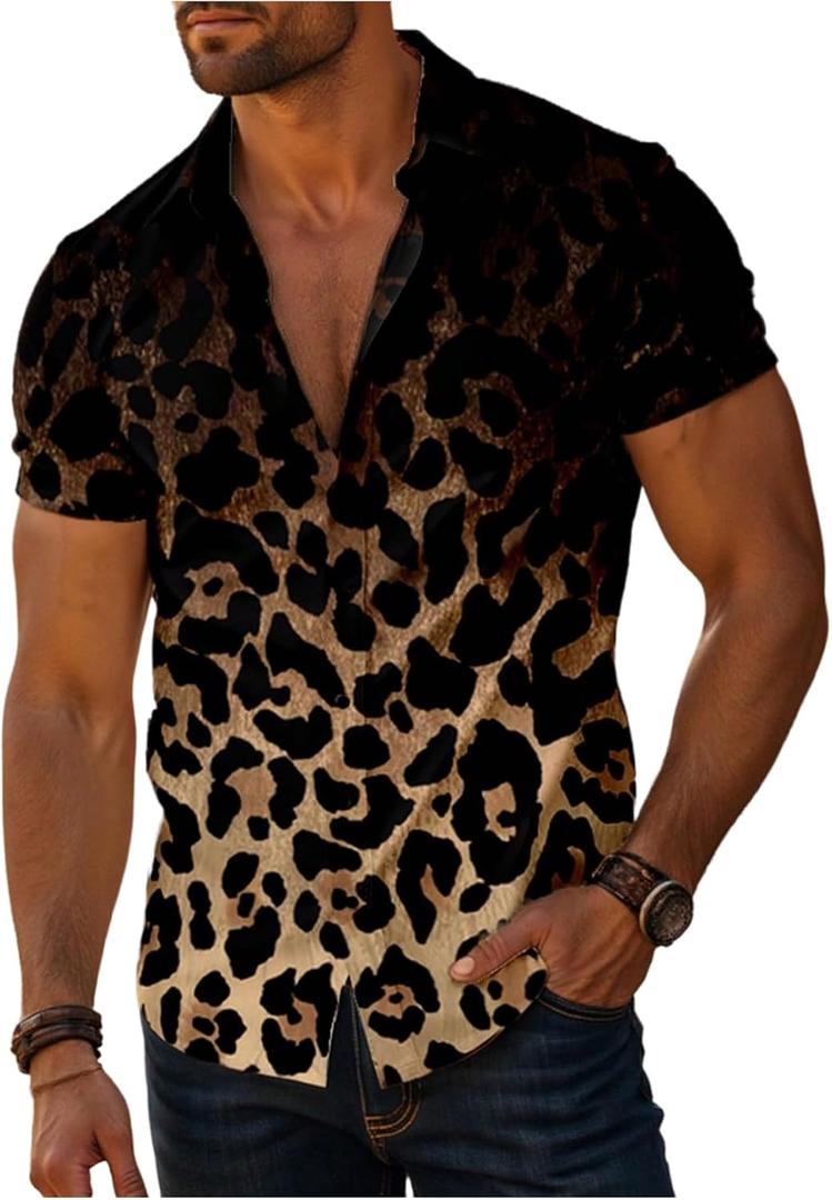 Verdusa Men's Leopard Print Button Down Shirt Short Sleeve Collar V Neck Casual Shirts (XLarge)