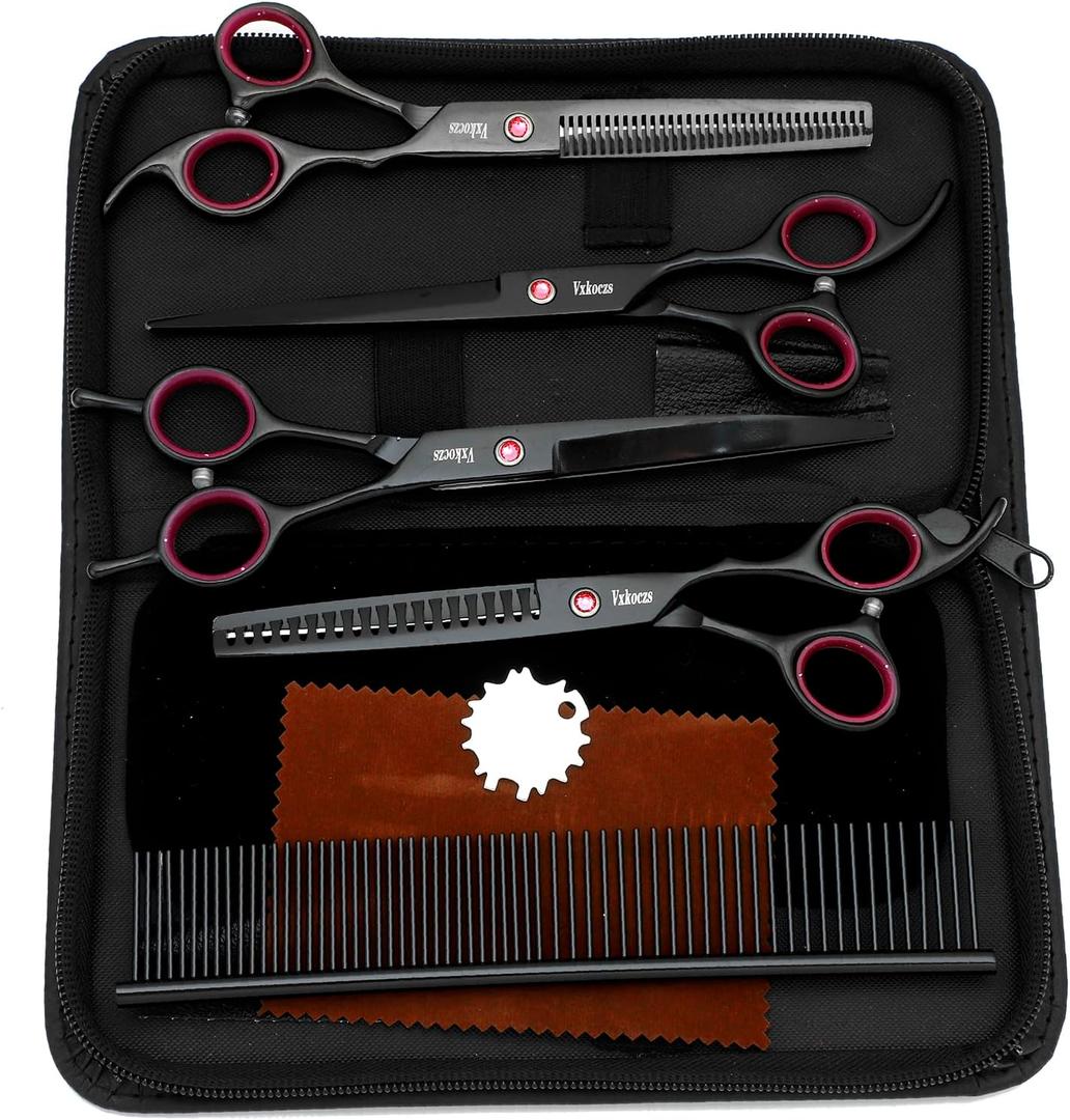 Professional Dog Grooming Scissors 4-Piece Set - Straight, Thinning, Curved Shears for Pets with Non-Slip Handles, Sharp Convex Blades & Travel Case (Black)