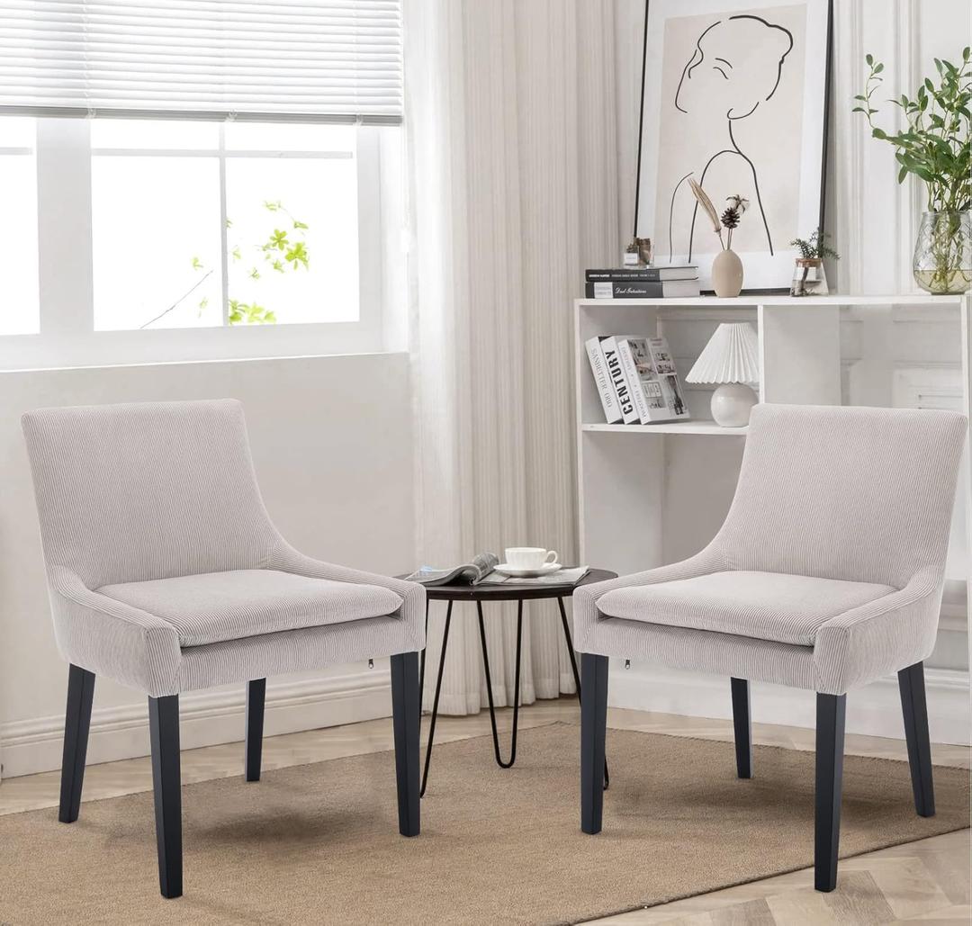COLAMY Modern Dining Chairs Set of 2, Upholstered Corduroy Accent Side Leisure Chairs with Mid Back and Wood Legs for Living Room/Dining Room-Beige