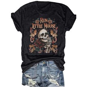 Women Cute Rose Butterfly Graphic Tees Halloween Skeleton Shirt Summer Funny Loose Fit Casual Vacation Short Sleeve Tops(Black2-XXL) (Black, XXL)