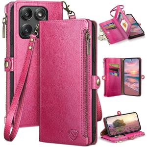XcaseBar Compatible with Moto Edge 5G 2025 Wallet case with Zipper Credit Card HolderRFID Blocking,Flip Folio Book PU Leather Phone case Shockproof Cover Women Men for Mote Edge 2025 case Rose Red