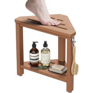 15" Shower Foot Rest with Side Hook, HDPE Waterproof Corner Shower Stool for Shaving Legs, Anti-Slip Shower Bench with Storage Shelf for Inside Shower, Space-Saving Shower Seat for Small Showers, Teak