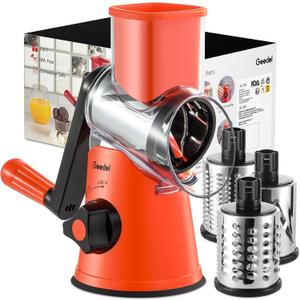 Geedel Rotary Cheese Grater, Kitchen Mandoline Vegetable Slicer with 3 Interchangeable Blades, Easy to Clean Rotary Grater Slicer for Fruit, Vegetables, Nuts (Orange)
