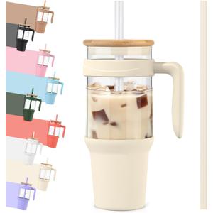 Tronco Glass Tumbler with Straw and Lid, Reusable Iced Coffee Cup with Handle, Glass Water Bottles for Smoothie, Fits Cup Holders, Lead-Free, BPA-Free (42 Ounces, Cream-Bamboo)