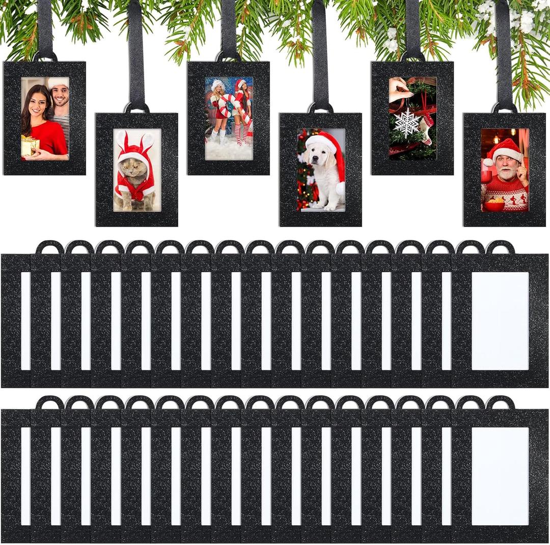 Fullhawl 100 Pcs Hanging Christmas Tree Mini Picture Frames Small Picture Frame Ornaments 2x3 Inch Black Photo Frames Glitter Paper Picture Frame with Ribbon for Family Photo Wall Table Decor