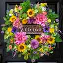 Spring and Summer Wreath for Front Door 24 Inch Spring Wreath with Lifelike Sunflower, Pink and Purple Dahlia Spring Door Wreath with Welcome Sign, Outdoor Wreath for Spring and Summer