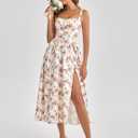 KUTUMAI Floral Corset Midi Dress Flowy Slit Summer Spring Wedding Guest Dresses for Women Sundress with Pockets (White, M)