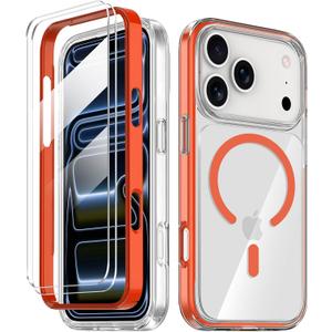 COOLQO for iPhone 17 Pro Max Case with Screen Protectors, Compatible with MagSafe, Military Grade 17FT Drop Protection, Shockproof Protective Dual-Layer Magnetic Transparent Phone Cover, Orange
