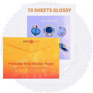 HTVRONT Printable Vinyl Sticker Paper - 70 Sheets Glossy Waterproof Sticker Paper for Inkjet Printer & Laser Printer, Dries Quickly & Tear Resistant, 8.5"x11"