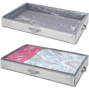 mDesign Soft Fabric Under Bed Storage Organizer Holder Bag for Clothing, Accessories, Linen - Easy-View Top Panel, Attached 2-Way Zippered Lid, Side Handles - 2 Pack - Gray