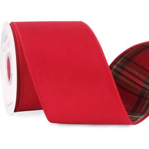 Ribbli Red Velvet Wired Ribbon with Metallic Plaid Reversible 4 Inch Christmas Ribbon for Gift Wrapping Christmas Tree Decoration Crafts Wreaths Supplies-Continuous 10 Yards