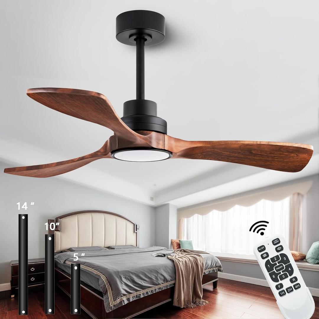 dearnow 42" Ceiling Fan Light with Lights with Remote Control, Indoor Outdoor Wooden Ceiling Fan with 3 Wooden Blades for Patio, Living Room, Office, Farmhouse and More (Black + Mahogany Color)