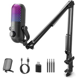 USB Microphone for PC Gaming: Gaming Equipment Condenser Microphone RGB for Gamer with Boom Arm Mic - Recording Mic for Computer & Laptop with Mute - Desk Podcast Mic for Podcast & Streaming & Youtube