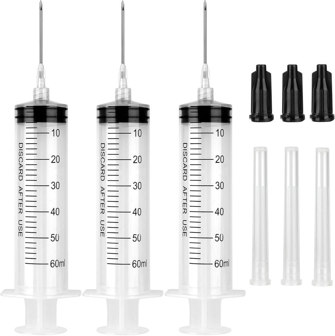 3 Pack 60ml Syringe with Needle 16G 1.5 and Cap, Luer Lock Syringes with Cap for Fluid Suction Injector, Drawing Oil, Fluid, Water, Lab