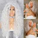 SAPPHIREWIGS Curly Synthetic Lace Front Wigs Long Deep Wave Wig Glueless Pre Plucked Hairline White Gray 60# Wig Cosplay Party Daily Makeup Halloween Use 26inch